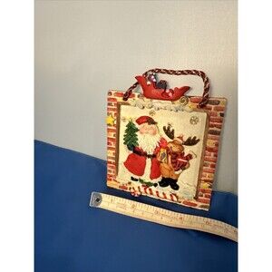 Santa Claus  Reindeer Sleigh Candy Cane Hanging Wall Decor 5" x 5" Ceramic